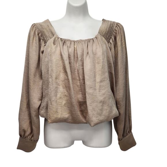 Current Air Tops - Current Air Champagne Gold Shimmer Balloon Sleeve Bloused Cropped Top Women's S